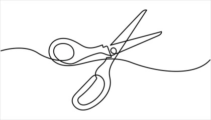 Poster - Scissor tool one line continuous single line art drawing outline design vector illustration, Continuous one line stylist scissors symbol concept. Barber haircut beauty salon lifestyle. 
