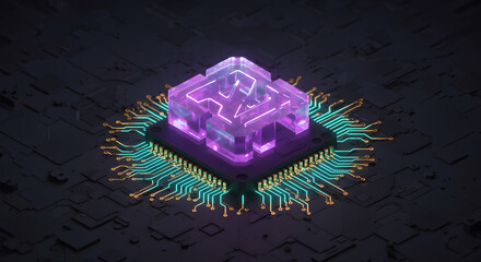 Poster - Purple Pixelated Structure on Electronic Circuit Board with Illuminated Circuitry Showing Modern Technology