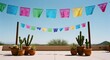 © Arone_Hard47 - Colorful Papel Picado Banners Hanging on Rooftop with Potted Cacti in Sunny Desert Climate