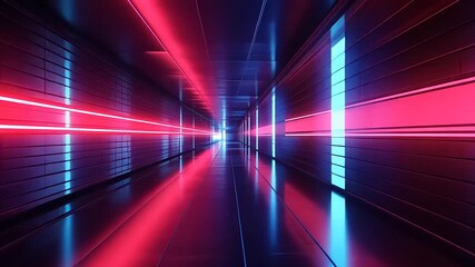 Wall Mural - Futuristic corridor illuminated by vibrant neon lights, showcasing sleek walls and a glowing atmosphere