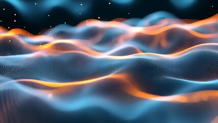 Wall Mural - Abstract waves of blue and orange light create a flowing pattern in a digital landscape
