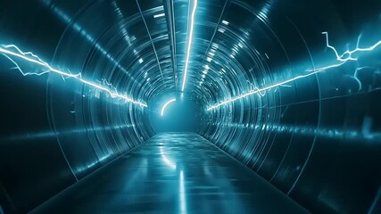 Wall Mural - Futuristic tunnel with glowing electric arcs, reflecting water surface, evoking a sci-fi atmosphere