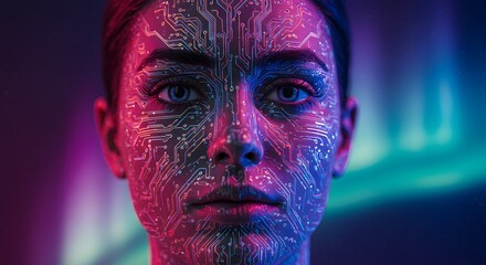 Aufkleber - Close up of a woman's face with circuit board pattern and neon lighting in a futuristic style