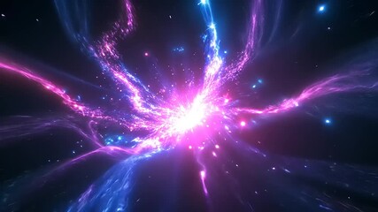 Wall Mural - Vibrant cosmic explosion of pink and blue light particles swirling in a dark space background