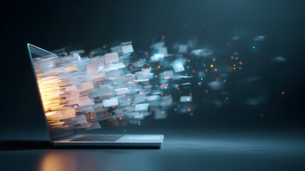 Poster - A laptop with digital files emerging from the screen, symbolizing digital archiving and data storage. Stock Illustration