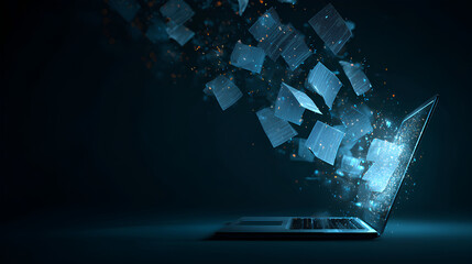 Poster - A laptop with digital files emerging from the screen, symbolizing digital archiving and data storage. Stock Illustration