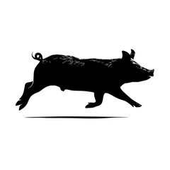 Poster - Silhouette of a running pig with a curly tail and short legs in a black and white illustration style