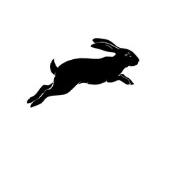Poster - Silhouette of a rabbit jumping with long ears and short tail on a white background in a simple design style