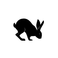 Poster - Silhouette of a rabbit crouched down with its ears perked up and tail visible on a white background