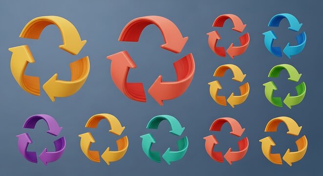 Vibrant Collection of 3D Rendered Recycling Symbols in Various Colors on Background