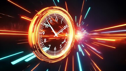 Wall Mural - A dynamic clock surrounded by vibrant light streaks, symbolizing time travel and speed