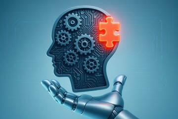 Poster - The Artificial Brain: An eye-level shot presents a technological concept, a robotic arm supporting the profile of a head, intricately designed with circuits and gears.