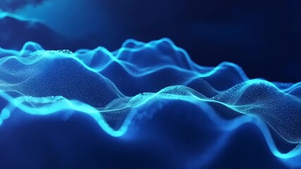 Wall Mural - Abstract blue wave patterns create a serene digital landscape with glowing elements in the background