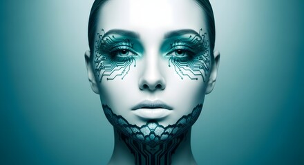 Aufkleber - Close up of a woman's face with circuit board designs as makeup in a futuristic teal color scheme