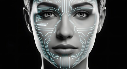 Poster - Close up of a woman's face with circuit board lines and data overlay against a black background
