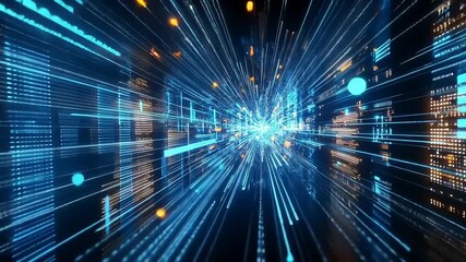 Wall Mural - Abstract digital data flow with bright blue and orange lights creating a futuristic cityscape effect
