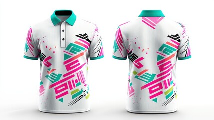 Poster - 3D rendering of a white sport polo shirt displayed from front and back views, featuring a fusion typography print pattern with intersecting bright neon lines in vivid pink, green