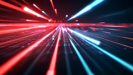 Wall Mural - Dynamic abstract light trails in red and blue create a futuristic digital landscape with depth