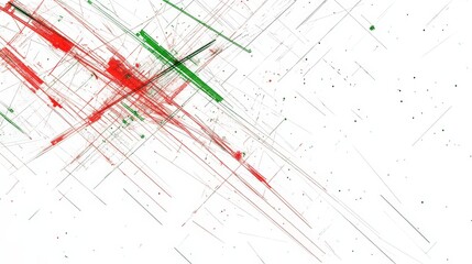 Poster - Minimal abstract grid combining thin geometric linework and scattered neon red and green strokes crossing over fragmented typography elements, clean white background, sharp and modern look