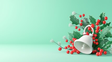 Poster - Minimalistic mezzotint 3D illustration of a modern white trading bell and a vibrant holly tree with shiny red berries, festive Christmas atmosphere, icon isolated on a vivid green background