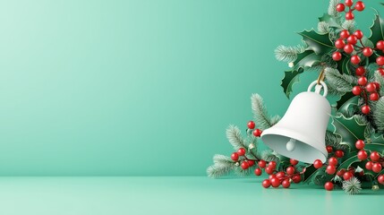 Poster - Minimalistic mezzotint 3D illustration of a modern white trading bell and a vibrant holly tree with shiny red berries, festive Christmas atmosphere, icon isolated on a vivid green background