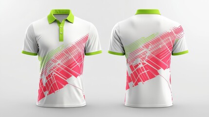 Poster - Sport polo shirt mockup with a hybrid fonts print pattern composed of intersecting neon lines in bold red and lime green, 3D front and back perspectives on white fabric and white background