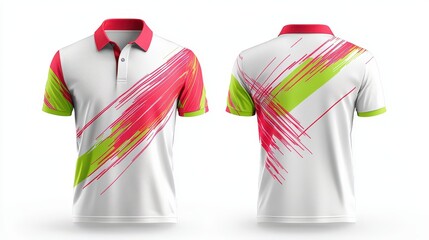 Poster - Sport polo shirt mockup with a hybrid fonts print pattern composed of intersecting neon lines in bold red and lime green, 3D front and back perspectives on white fabric and white background