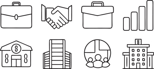 Fototapete - Isolated black business management icon set, briefcase, contract, handshake, growth chart, finance, office building, clean editable vector collection