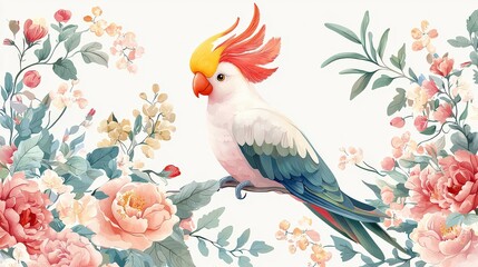 Poster - Vintage whimsical textile design featuring a gradient-winged parrot with a yellow head dressed in historical costume, surrounded by elegant botanical patterns, isolated on white with design space.