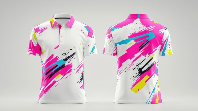 White sport polo shirt with bold interactive typography print pattern made of bright neon intersecting lines, 3D rendering showing front and back views, ideal for innovative print branding