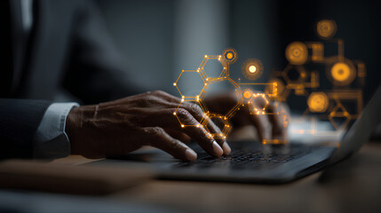 Poster - AI automation and API automation. Data transfer through system integration. Intelligent process automation technology solutions. Businessman using laptop computer for managing automation technology.
