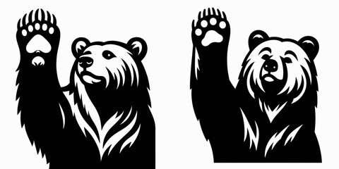 Poster - Bear raising paw greeting. Retro Cartoon Clipart Silhouette Stock Vector Line Art Illustration. Animal lifting appendage in friendly gesture waving a welcoming hello.