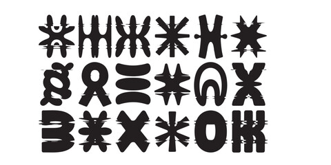 Aufkleber - A monochrome display of distorted abstract glyphs arranged in rows and columns on a white background