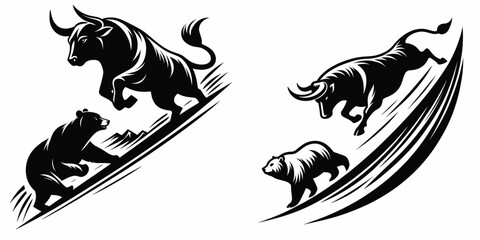 Fototapete - Bull chasing bear downhill. Retro Cartoon Clipart Silhouette Stock Vector Line Art Illustration. Bovine pursuing bruin on incline grade descent market trend action.