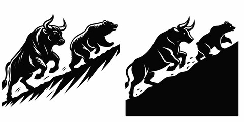 Fototapete - Bull chasing bear uphill. Retro Cartoon Clipart Silhouette Stock Vector Line Art Illustration. Bovine pursuing bruin toward incline market competition economy trend.