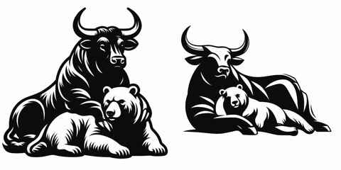 Fototapete - Bull leaning on bear relaxed. Retro Cartoon Clipart Silhouette Stock Vector Line Art Illustration. Market upturn bovine resting upon downtrend easy times.