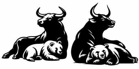Fototapete - Bull leaning on bear relaxed. Retro Cartoon Clipart Silhouette Stock Vector Line Art Illustration. market concept happy resting upon tranquil figure.