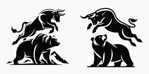 Fototapete - Bull leaping over bear. Retro Cartoon Clipart Silhouette Stock Vector Line Art Illustration. Bovine jump above bruin wildlife action fauna adventure mammal acrobatics.