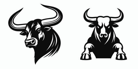Fototapete - Bull lowering horns ready. Retro Cartoon Clipart Silhouette Stock Vector Line Art Illustration. Bovine descending weapon prepared imminent charge animal action pose.