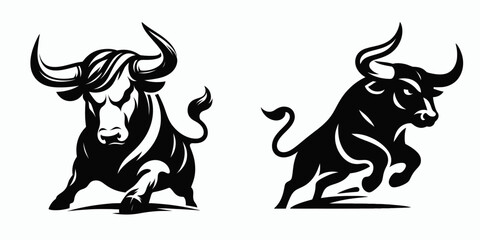 Fototapete - Bull lowering horns ready. Retro Cartoon Clipart Silhouette Stock Vector Line Art Illustration. Ox bending point poised for action big animal preparing charge.