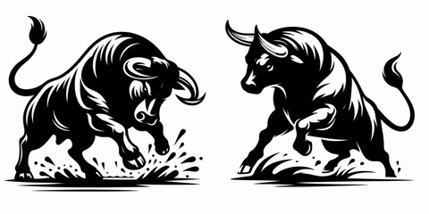 Fototapete - Bull pawing ground before charge. Retro Cartoon Clipart Silhouette Stock Vector Line Art Illustration. Animal scrapes dirt ready to rush an aggressive bovine preparing attack.