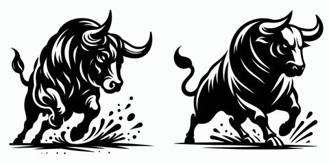 Poster - Bull pawing ground before charge. Retro Cartoon Clipart Silhouette Stock Vector Line Art Illustration. Angry animal digging earth prior to attack mammal behavior and aggression.