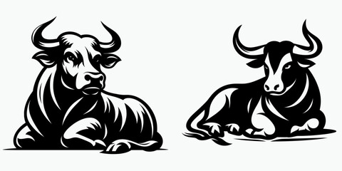 Fototapete - Bull resting lying down. Retro Cartoon Clipart Silhouette Stock Vector Line Art Illustration. Bovine taking a break horizontal position at peace calmness.