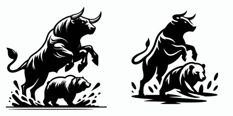 Fototapete - Bull stomping ground at bear. Retro Cartoon Clipart Silhouette Stock Vector Line Art Illustration. Market upturn area in downtrend period a location for finance activity.