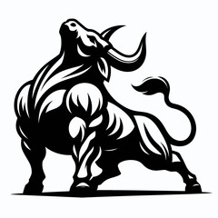 Fototapete - Bull stretching muscles waking. Retro Cartoon Clipart Silhouette Stock Vector Line Art Illustration. Bovine flexing physique arousal physical activity.