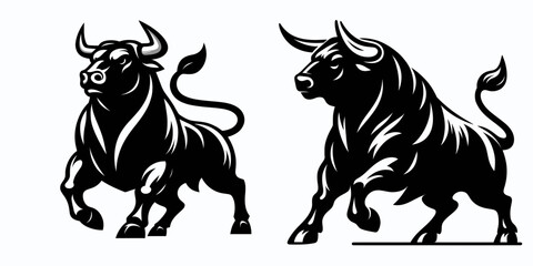 Fototapete - Bull swaggering confident stride. Retro Cartoon Clipart Silhouette Stock Vector Line Art Illustration. Bovine strong walk bold demeanor certain gait assured powerful locomotion.