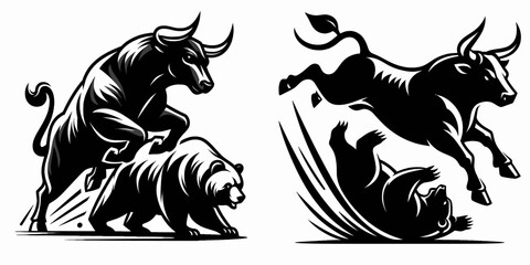 Fototapete - Bull tripping bear sideways. Retro Cartoon Clipart Silhouette Stock Vector Line Art Illustration. Ox knocking bruin toward flank market trend reversal shift.