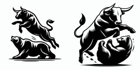 Fototapete - Bull tripping bear sideways. Retro Cartoon Clipart Silhouette Stock Vector Line Art Illustration. Bovine causing bruin stumble horizontal fall market danger.