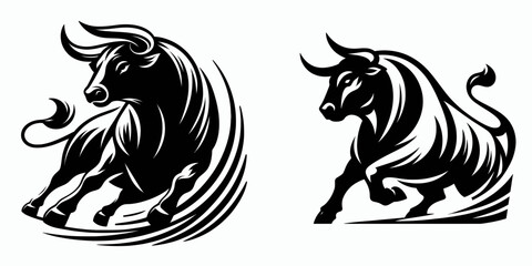 Fototapete - Bull turning sharp corner. Retro Cartoon Clipart Silhouette Stock Vector Line Art Illustration. Steer making acute angle move bend along route bovine navigating tight curve.