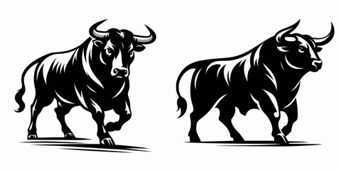 Fototapete - Bull walking forward calm. Retro Cartoon Clipart Silhouette Stock Vector Line Art Illustration. Serene bovine progress a relaxed onward animal stride pacific movement.